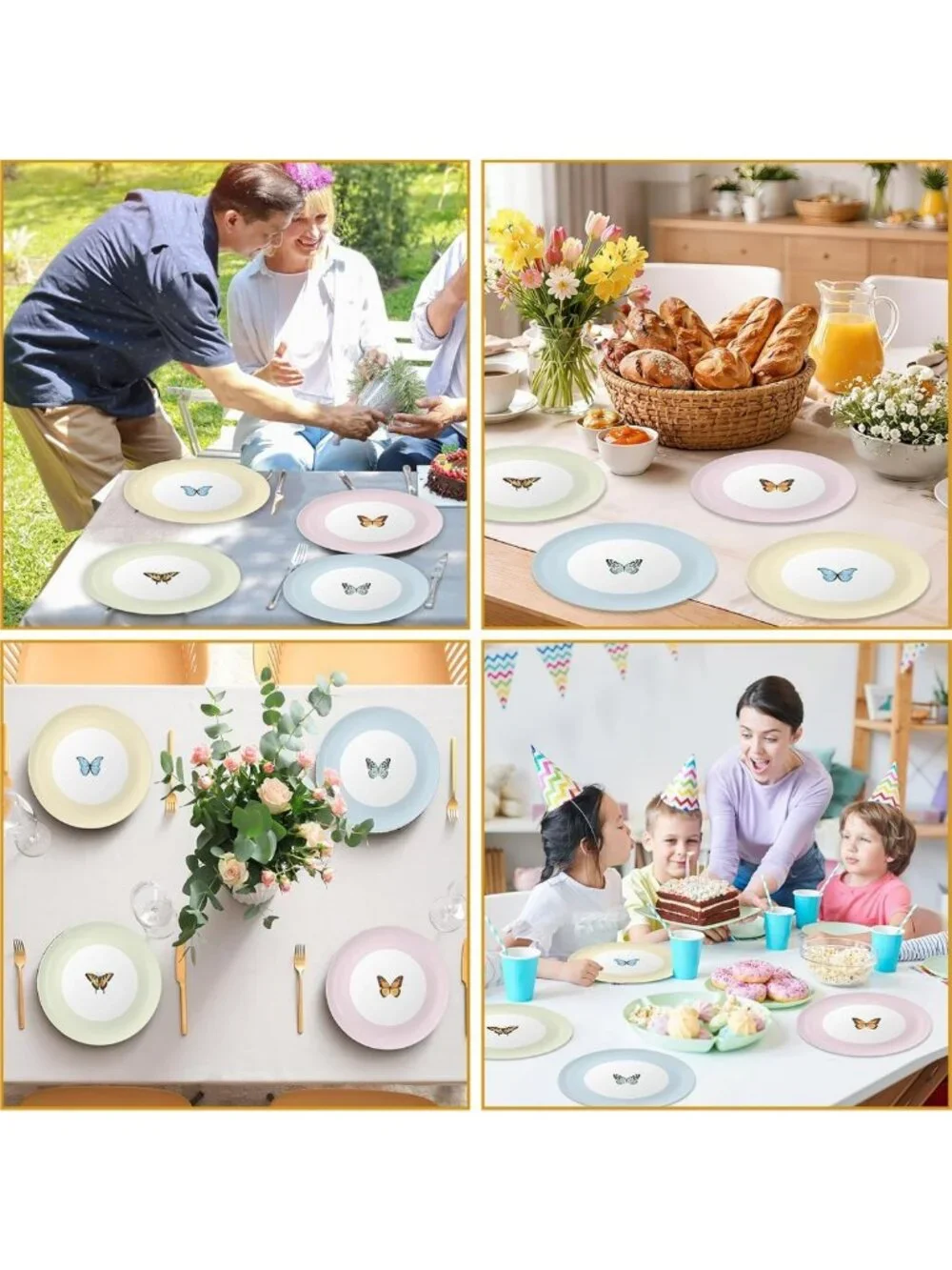 4-Piece 10-Inch Butterfly Melamine Plates - Reusable Pastel Dinnerware Set for